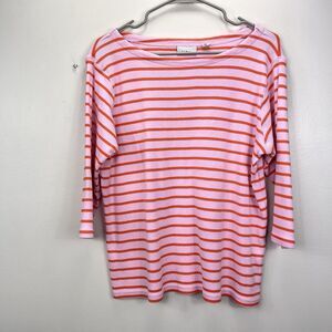 LL Bean Pink Orange Stripes Boat Neck 3/4 Sleeves Pullover Shirt Size XL